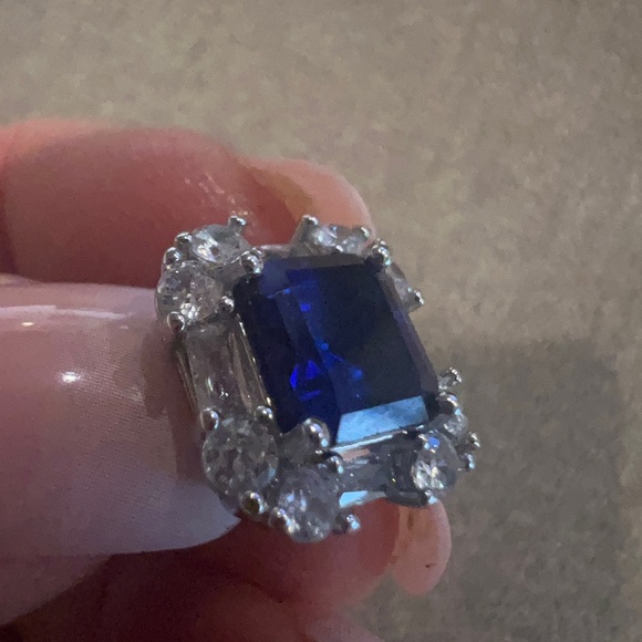 Square simulated, sapphire, and CZ diamond post earrings. - Picture 7 of 7